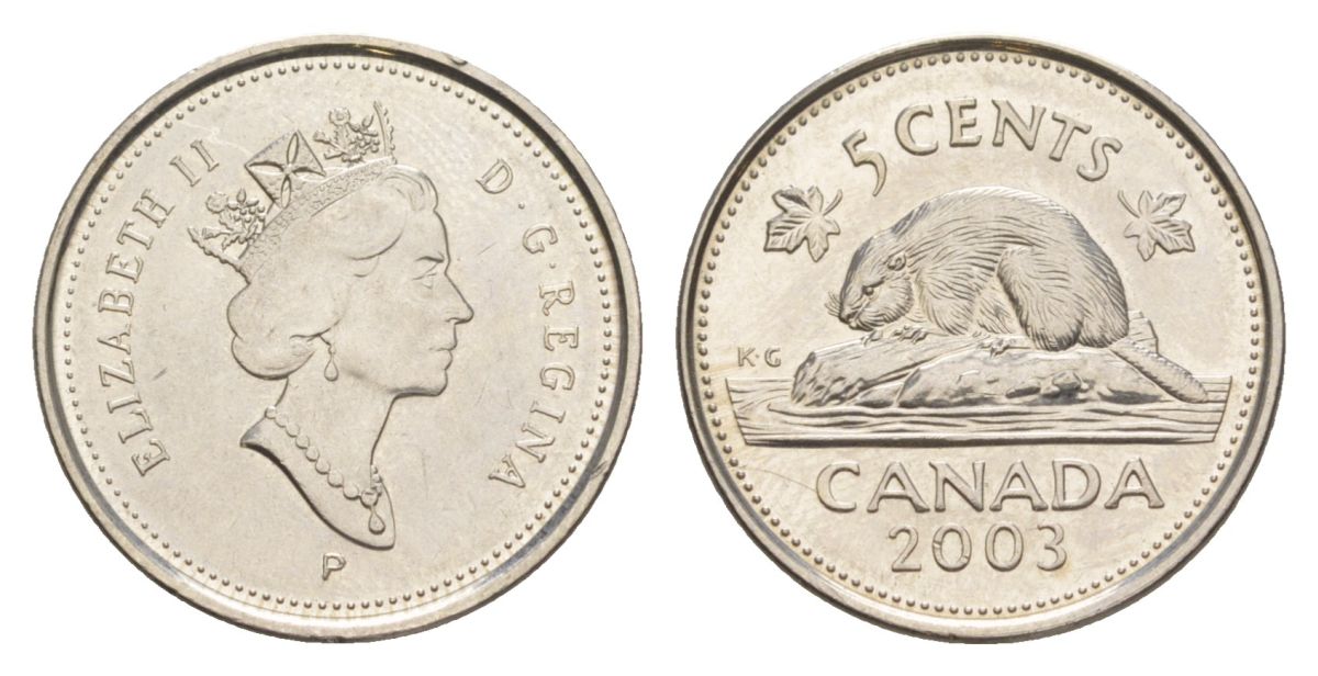 Канада 5 центов 2003 P, Елизавета II (1952-2022), бобр KM 182b сталь плакированная никелем UNC 4630-754