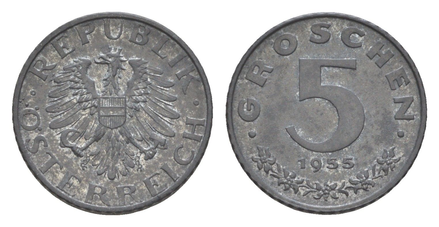 Австрия 5 грошей 1955 KM 2875 цинк aUNC 4567-227