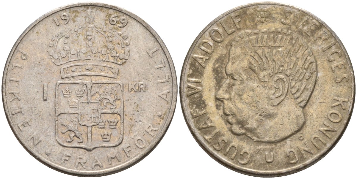 Швеция 1 крона 1969 U, Густав VI Адольф (1950-1973) KM 826a медь плакированный медно-никелем 4150-243