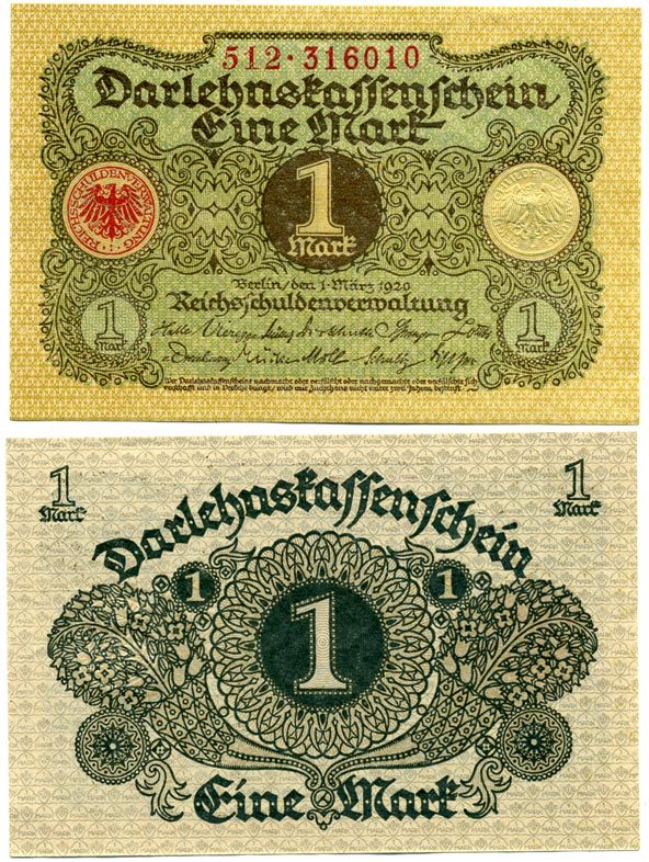 ГЕРМАНИЯ 1 МАРКА 1920 1 МАРТА 1920, ВЕЙМАРСКАЯ РЕСПУБЛИКА Pick 58 бумага аUNC 7548-100-4