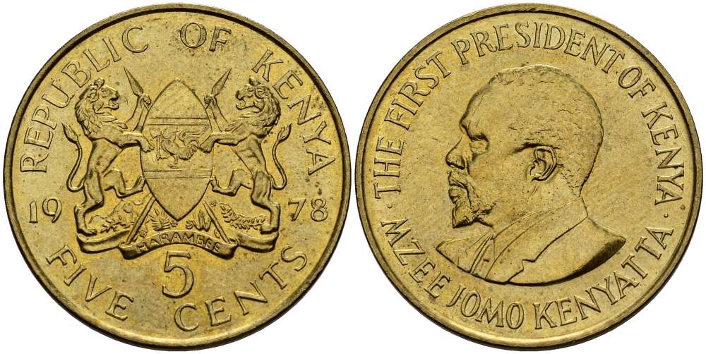 Кения 5 центов 1978 Джомо Кениата KM 10 никель латунь XF-UNC 4511-1141