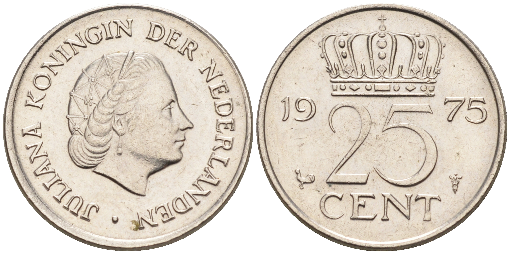 Нидерланды 25 центов 1975 Юлиана (1949-1980) KM 183 никель    4174-663