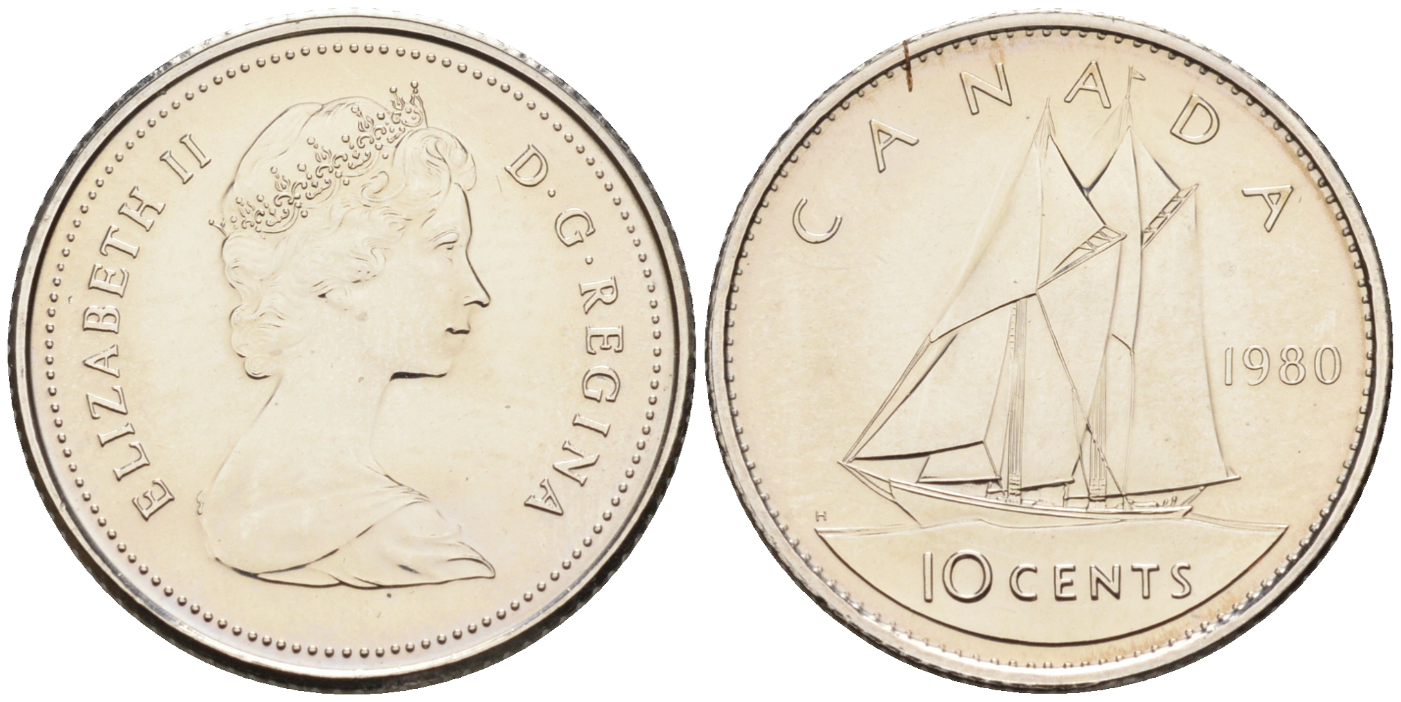 Канада 10 центов 1980 Елизавета II, парусник KM 77.2 никель  UNC  4147-355