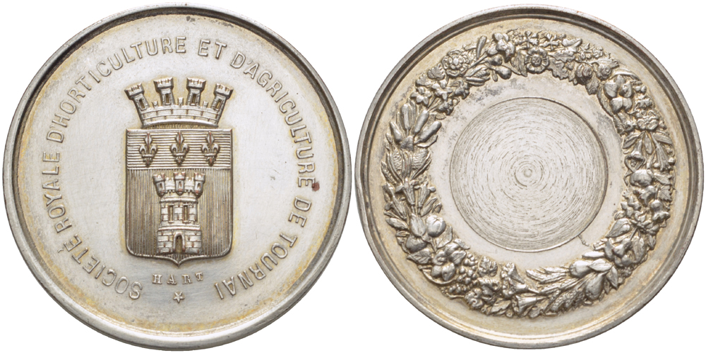 БЕЛЬГИЯ МЕДАЛЬ ND ОТ КОРОЛЕВСКОГО КЛУБА САДОВОДСТВА И СЕЛЬСКОГО ХОЗЯЙСТВА ГОРОДА ТУРНЕ, ДИАМЕТР 41 ММ., ВЕС 29,25 ГР. белый металл 4184-425