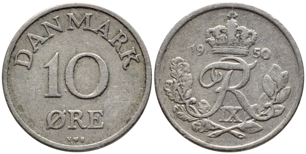 ДАНИЯ 10 ЭРЕ 1950 N; S, ФРЕДЕРИК IX (1947-1972) KM 841.1 медно-никель 4398-913