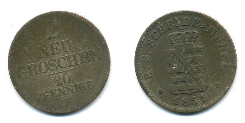 САКСОНИЯ АЛЬБЕРТИНСКАЯ 2 ГРОША 1851 F KM 1160 серебро 54-634