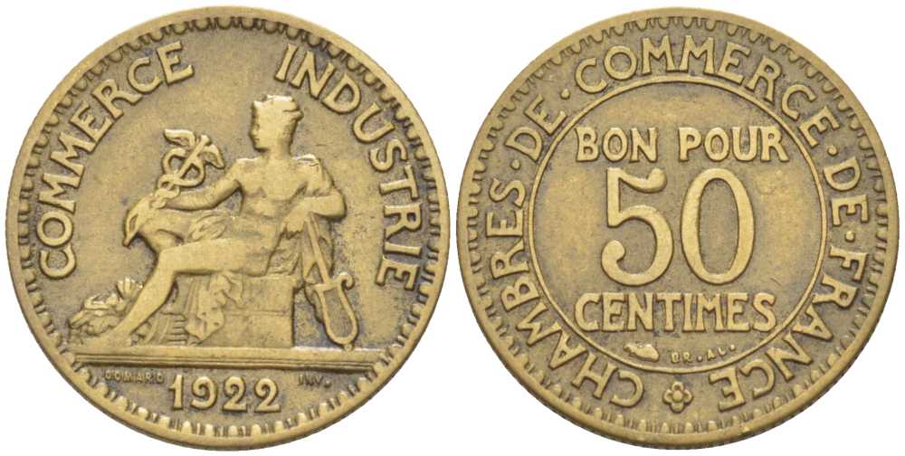 Франция 50 сантимов 1922 тип Chambre de Commerce KM 884, Le Franc 191.5 алюминиевая бронза 201-851