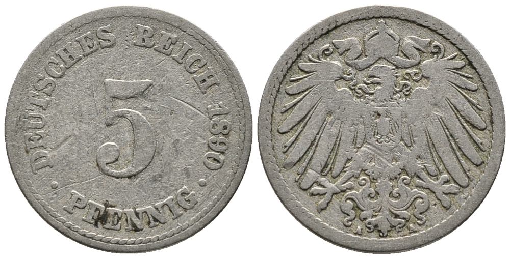 ГЕРМАНИЯ 5 ПФЕННИГОВ 1890 A KM 11, J. 12 медно-никель 39-633