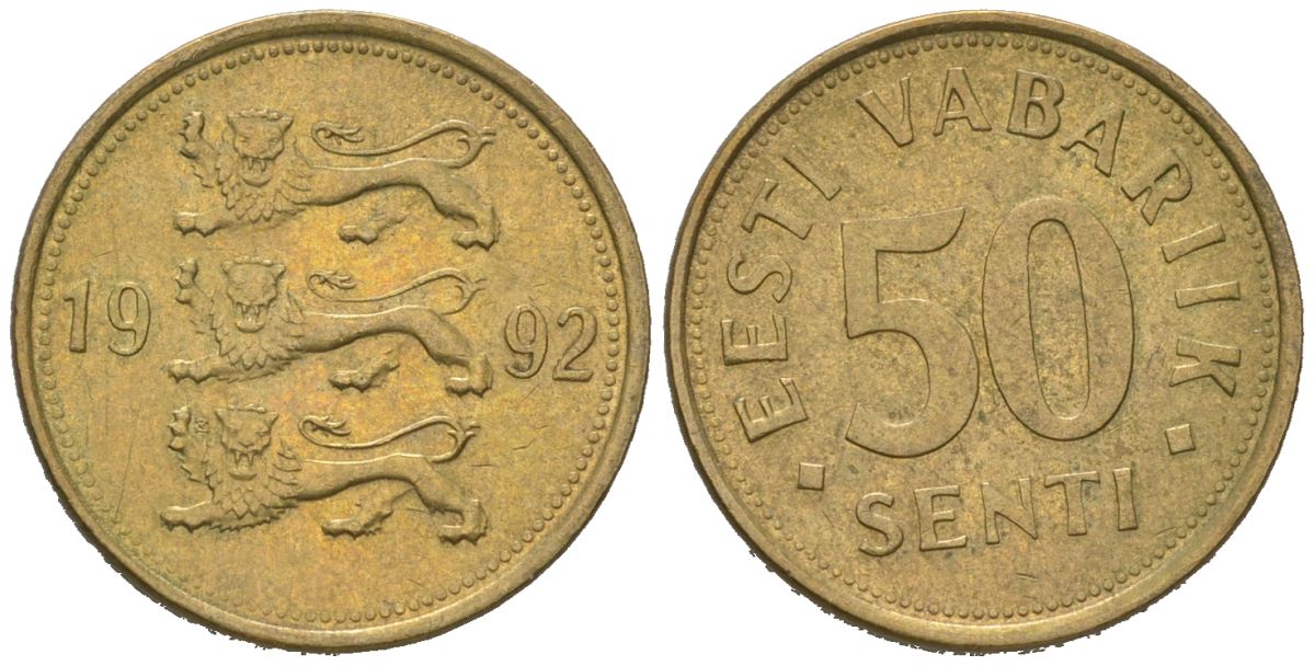 Эстония 50 сентов 1992 KM 24 латунь 4621-518