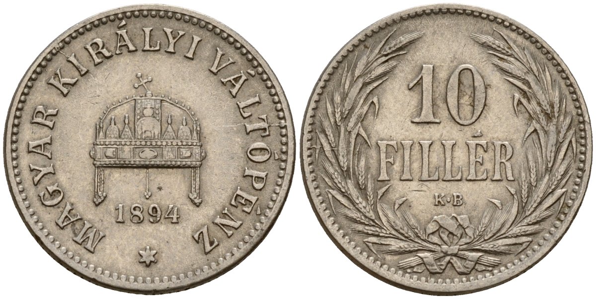 Венгрия 10 филлеров 1894 KB, Франц Иосиф I (1848-1916) KM 482 никель 4154-843