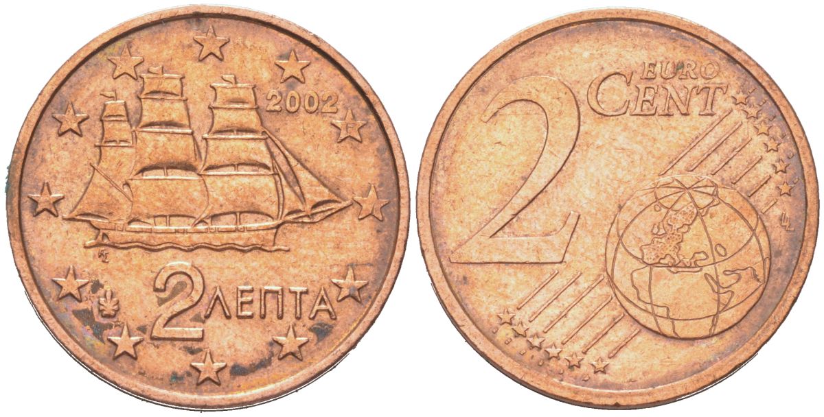Греция 2 евроцента 2002 F - Франция, редкая KM 182 сталь плакированная медью 4614-724