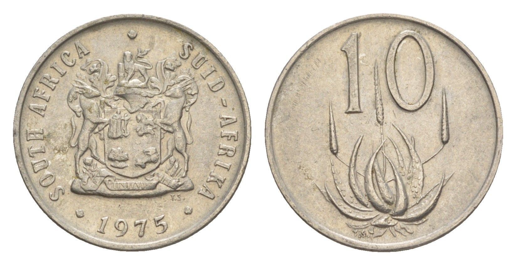 ЮАР 10 центов 1975 герб, цветок алоэ KM 85 никель 4621-841