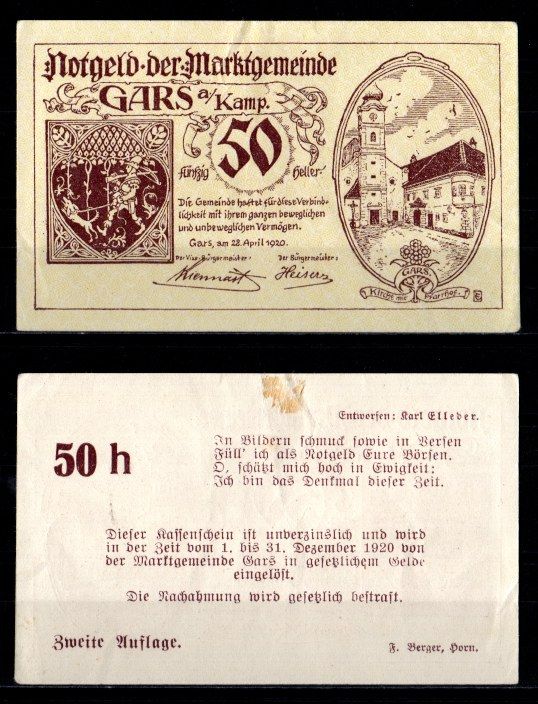 Австрия, Гарс-ам-Камп 50 геллеров 1920 Jaksc/Pick JPR0222c-50 бумага 2193-41-1-1