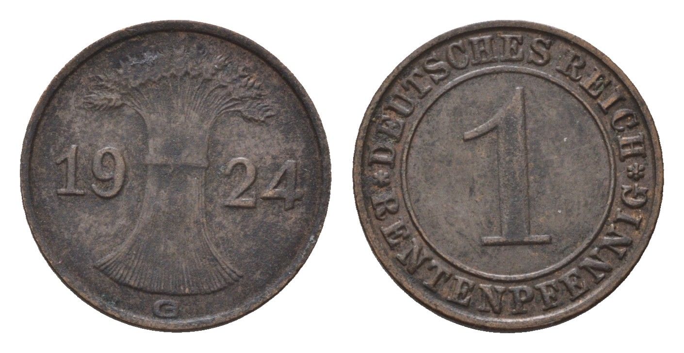 Германия 1 рентенпфенниг 1924 G KM 30, J. 306 бронза 4696-569
