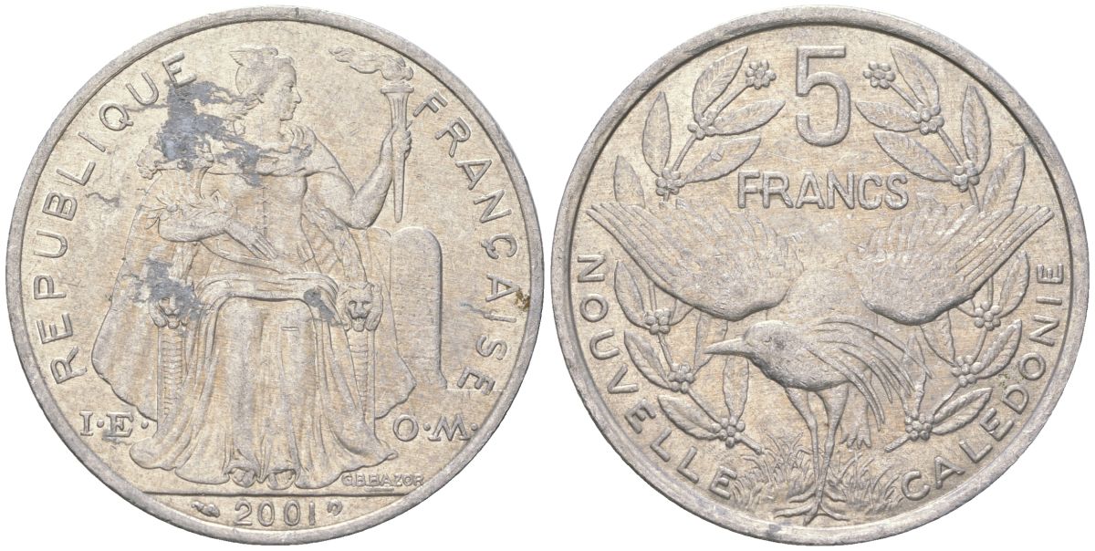 Французская Новая Каледония 5 франков 2001 птица кагу, (IEOM) KM 16, Schoen 12, Lec 81f алюминий 189-335
