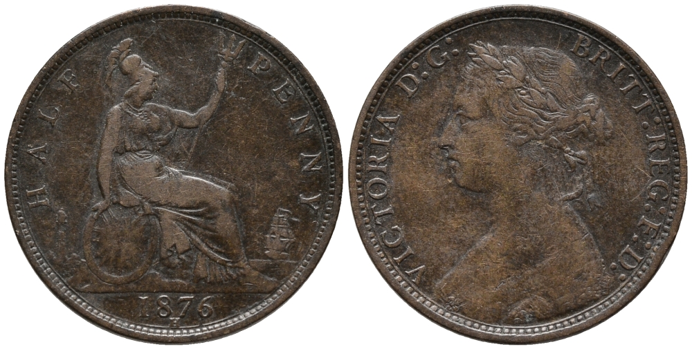Великобритания 1/2 пенни 1876 Н, Виктория (1837-1901) KM 754, Spink 3957 бронза 34-942