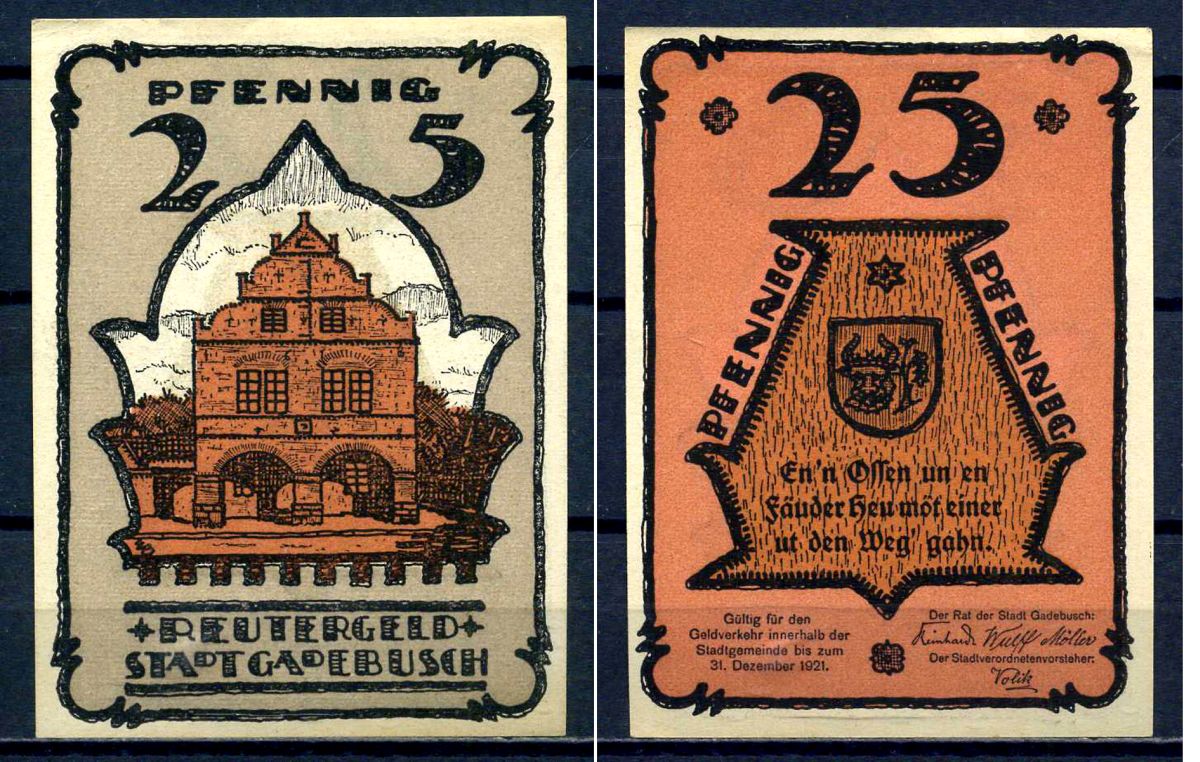 Гадебуш (Германия, Мекленбург-Шверин) 25 пфеннигов 1921 бумага aUNC 7556-17-2-2