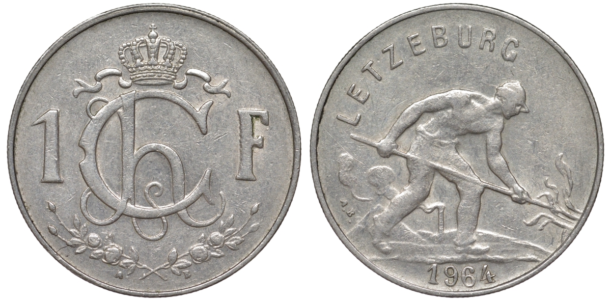 Люксембург 1 франк 1964 сталевар KM 46.2 медно-никель 4143-112