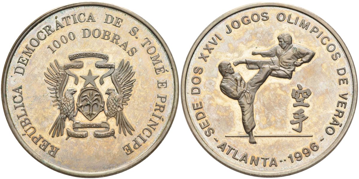 Сан-Томе и Принсипи 1000 добра 1996 XXVI Олимпийские игры 1996 года в Атланте, карате KM 58 медно-никель PROOF 4368-935