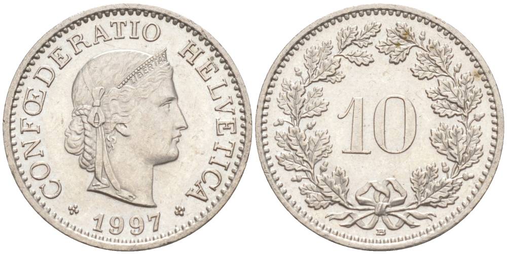 ШВЕЙЦАРИЯ 10 РАППЕНОВ 1997 В KM 27 медно-никель 55-541