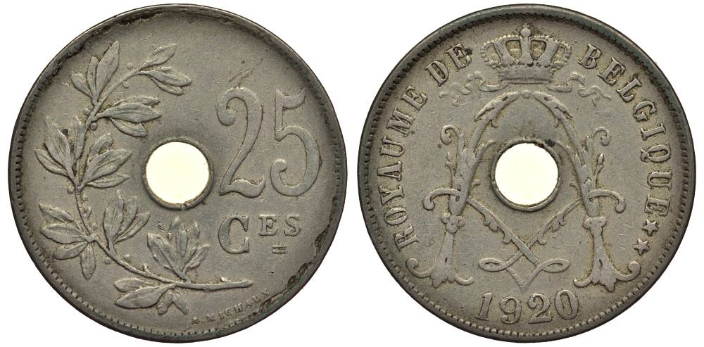 БЕЛЬГИЯ 25 САНТИМОВ 1920 BELGIQUE, АЛЬБЕРТ I (1909-1934) KM 68.1 медно-никель 27-921