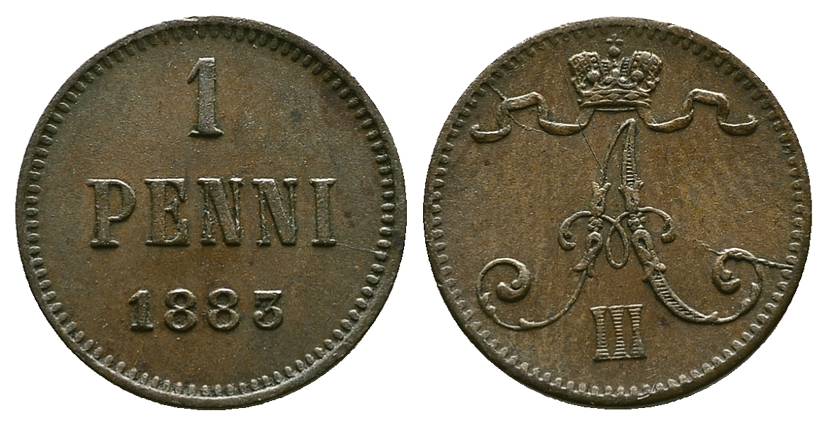 РОССИЯ ДЛЯ ФИНЛЯНДИИ 1 ПЕННИ 1883 АЛЕКСАНДР III KM 10, Биткин 251 медь 4383-437