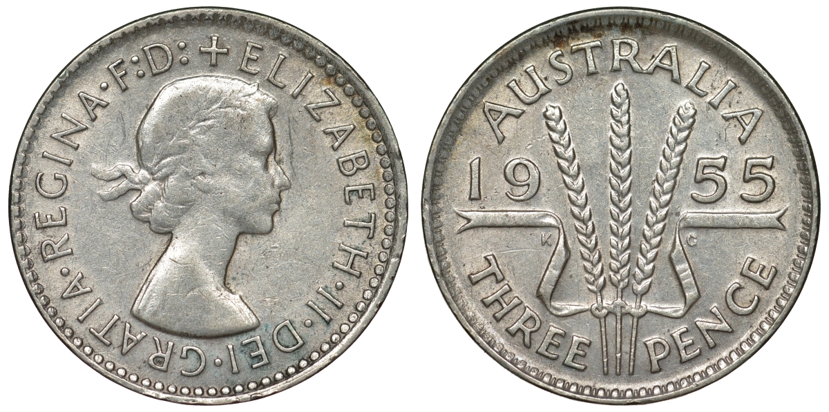 Австралия 3 пенса 1955 m, Елизавета II (1952-2022) KM 57 серебро 71-439