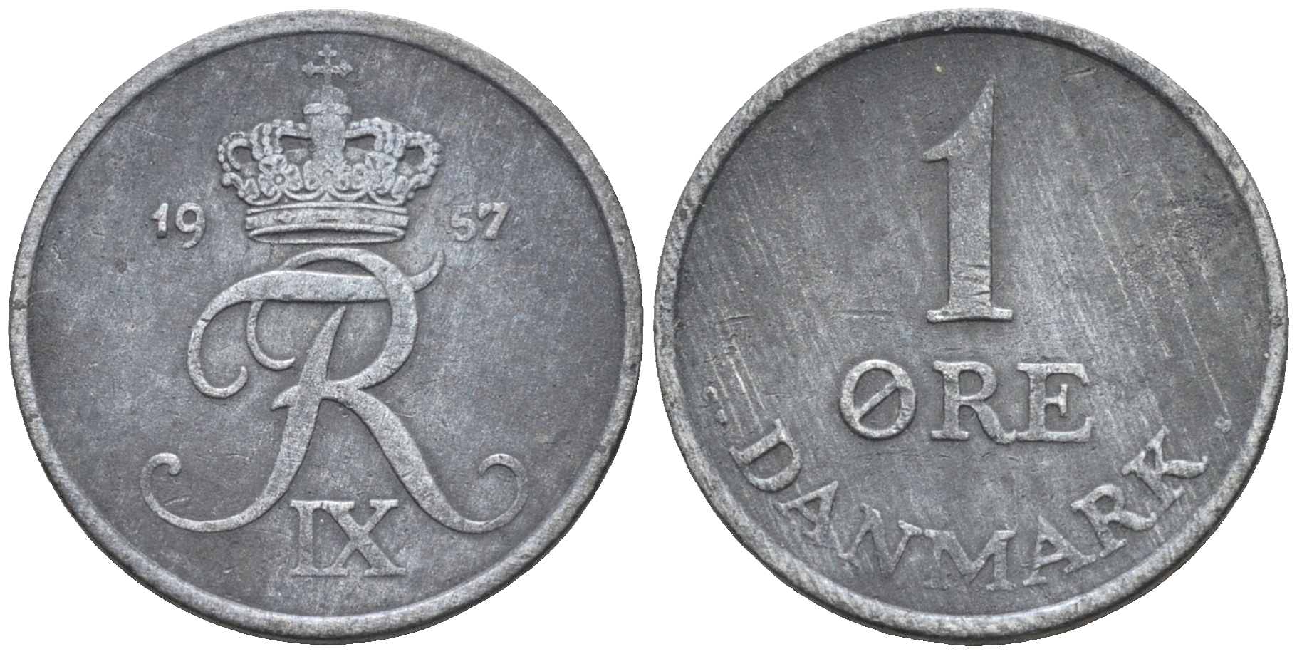 Дания 1 эре 1957 С. S, Фредерик IX (1947-1972) КМ 839.2 цинк    4169-163