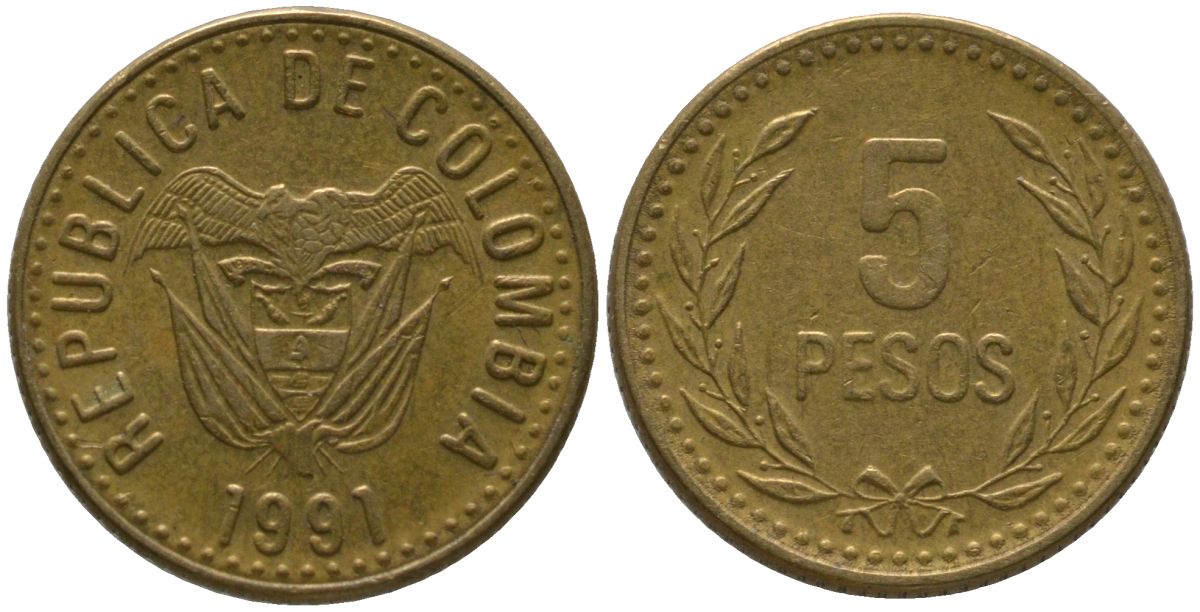 Колумбия 5 песо 1991 KM 280 алюминиевая бронза 4528-1152