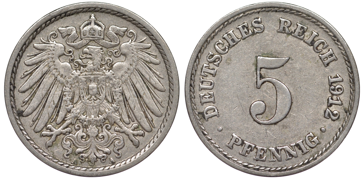 Германия 5 пфеннигов 1912 E, KM 11, J. 12 медно-никель 25-2415