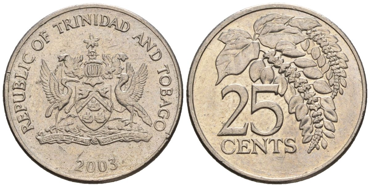 Тринидад и Тобаго 25 центов 2003 цветок дикая пуансеттия KM 32, Schoen 31 медно-никель 4118-344