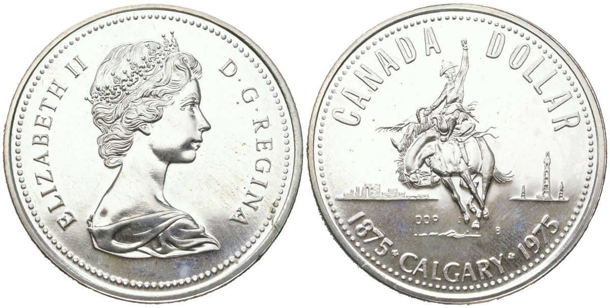 Канада 1 доллар 1975 100 лет Калгари (1875-1975), родео на лошадях, ковбой KM 97 серебро UNC 4368-814