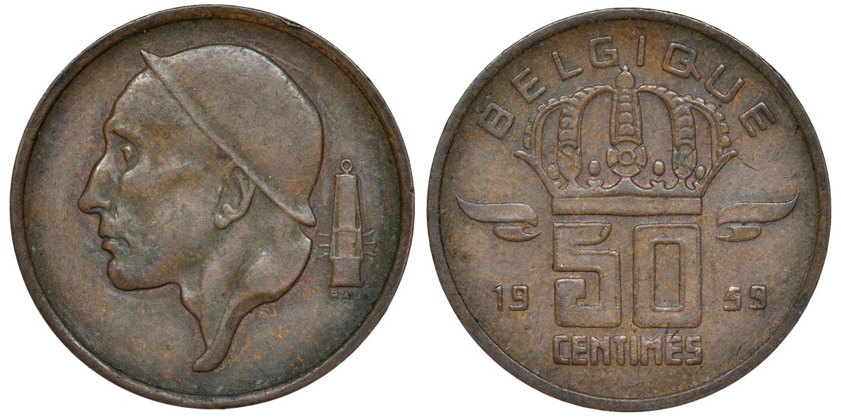 Бельгия 50 сантимов 1959 KM 148 бронза 4174-154