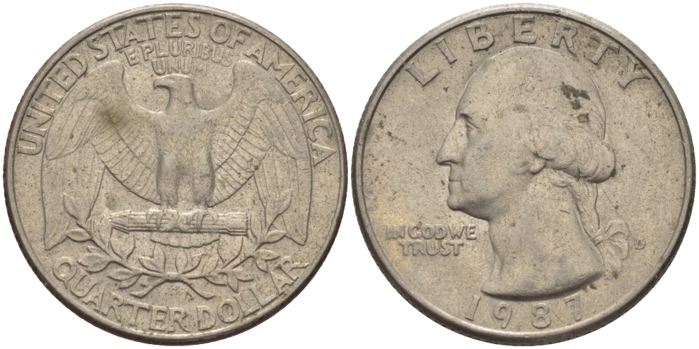 США 25 ЦЕНТОВ = КВОТЕР 1987 D, ВАШИНГТОН KM А164а медь плакированная медно-никелем 31-751