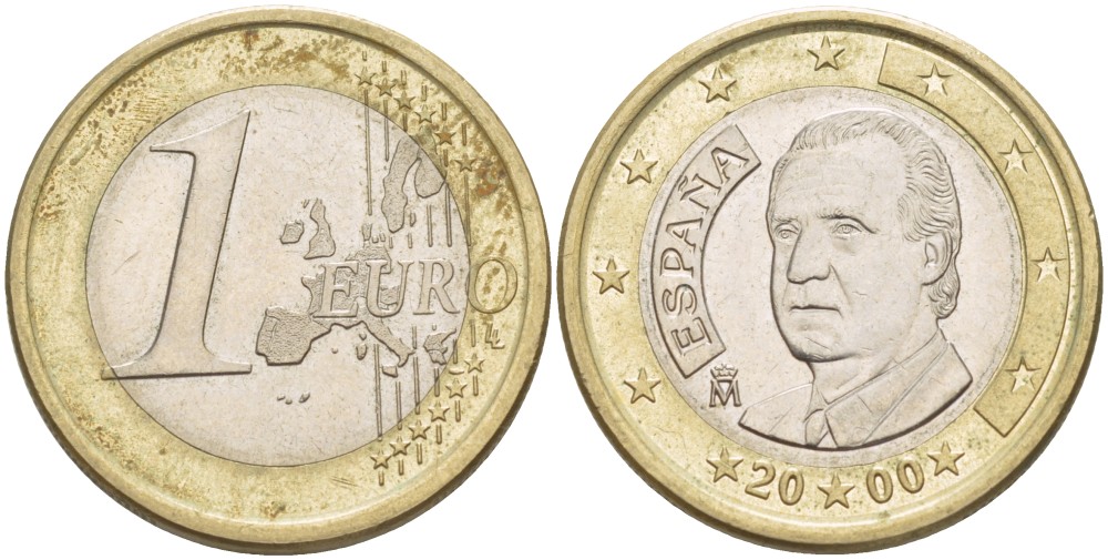 ИСПАНИЯ 1 ЕВРО 2000 ХУАН КАРЛОС I KM 1046 биметалл 4543-253
