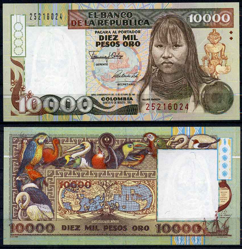 Колумбия 10000 песо 1992 El Banco de la Republica, 12 октября 1992, женщина Эмбера, карта земного нара 1507 года, птицы Pick 437 бумага UNC (пресс) 451-542-1