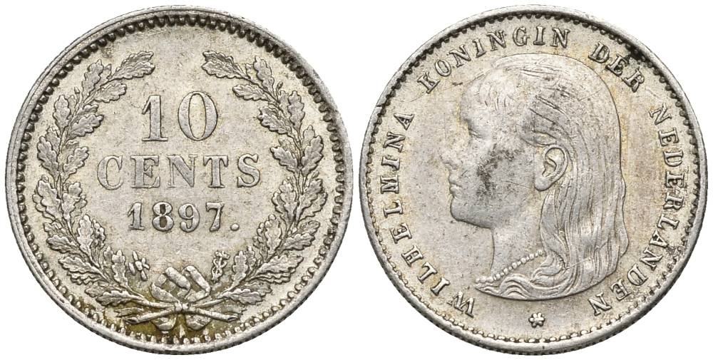 НИДЕРЛАНДЫ 10 ЦЕНТОВ 1897 ВИЛЬГЕЛЬМИНА I (1890-1948), ПРОБА 640 KM 116 серебро VF 4549-1037