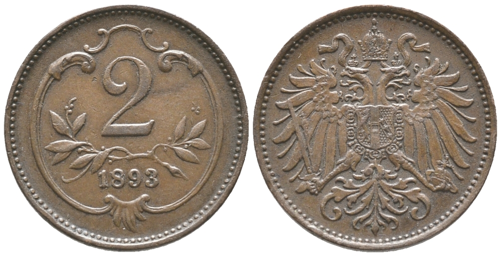 АВСТРИЯ 2 ГЕЛЛЕРА 1893 ФРАНЦ ИОСИФ (1848-1916) KM 2801 бронза 100-943