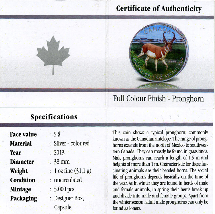 Канада 5 долларов 2013 серия Животный мир Канады, антилопа, в оригинальной коробке с сертификатом тираж 5000 экз., цветная эмаль серебро UNC 5-5-1-10