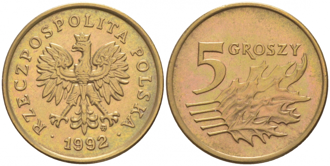 Польша 5 грошей 1992 MW KM 278 латунь UNC 99-552