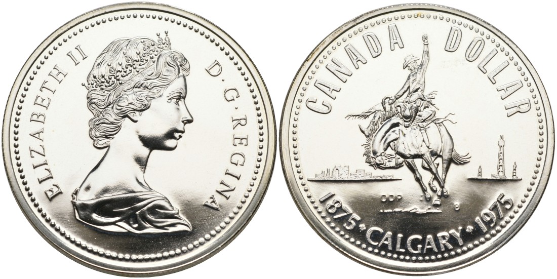 Канада 1 доллар 1975 100 лет Калгари (1875-1975), родео на лошадях, ковбой KM 97 серебро UNC 1095-4-53