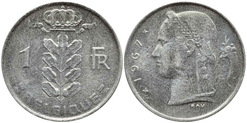 БЕЛЬГИЯ 1 ФРАНК 1967 BELGIQUE KM 142.1 медно-никель 4388-1021