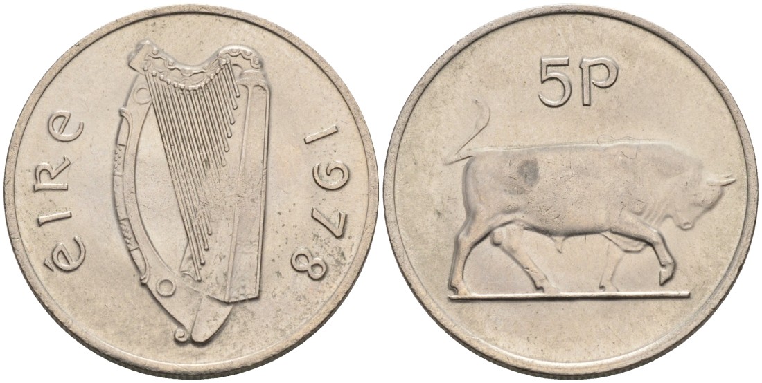 Ирландия 5 пенсов 1978 бык KM 22 медно-никель 4561-1155