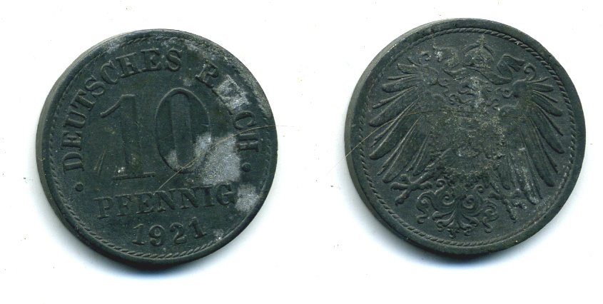 ГЕРМАНИЯ 10 ПФЕННИГОВ 1921 KM 26, J. 299 цинк 54-522