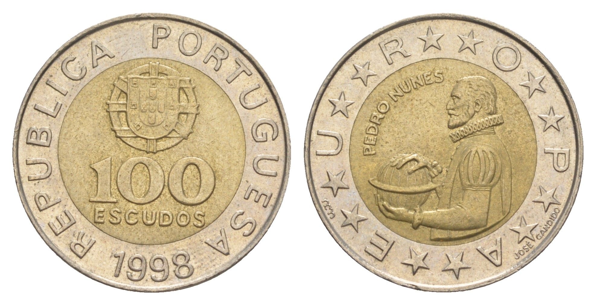 Португалия 100 эскудо 1998 Педру Нуниш (1502-1578), математик KM 645 биметалл 4391-711