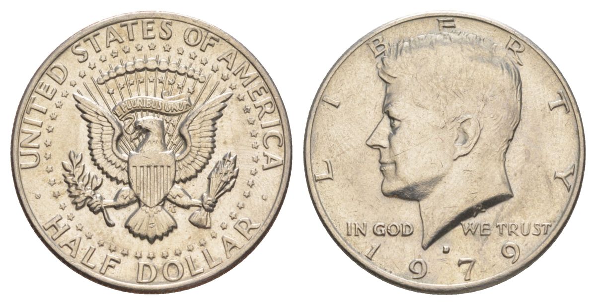 США 1/2 доллара (50 центов) 1979 D, Джон Кеннеди KM A202b медь плакированная медно-никелем aUNC 4120-923