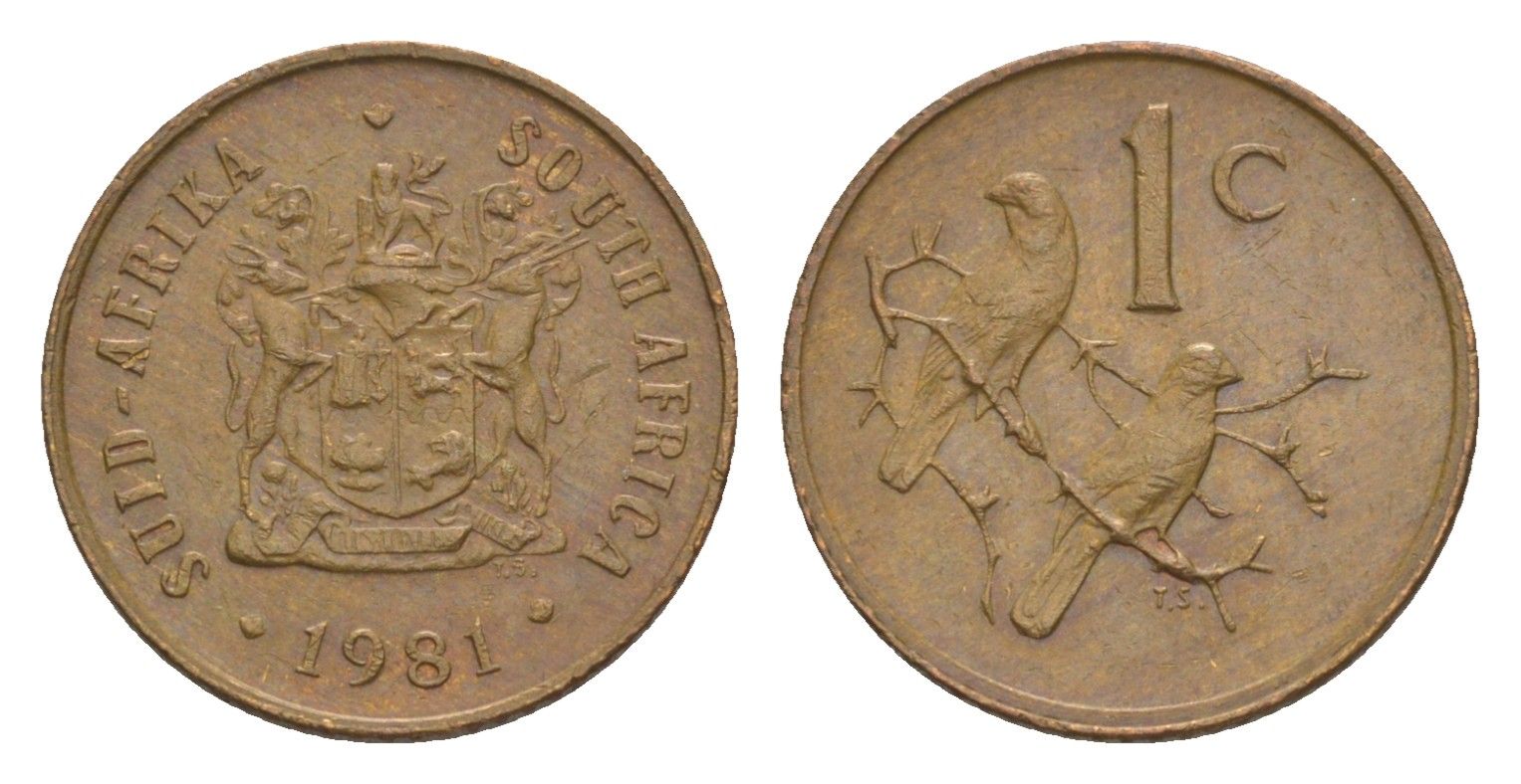ЮАР 1 цент 1981 герб, капские воробьи KM 82 бронза aUNC 4609-1246