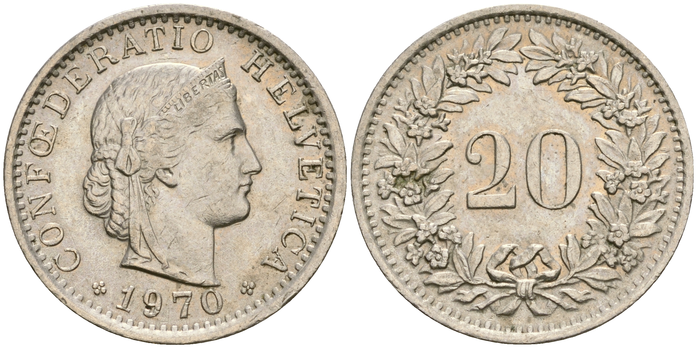 Швейцария 20 раппенов 1970 KM 29а медно-никель 4364-1417