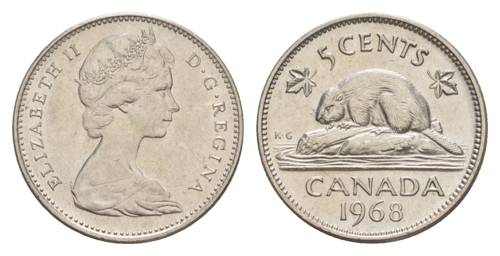 Канада 5 центов 1968 Елизавета II (1952-2022), бобр KM 60.1 никель 4639-451