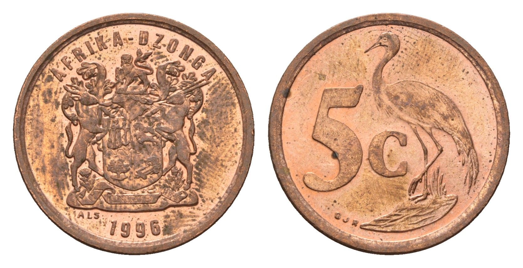 ЮАР 5 центов 1996 герб, райский журавль KM 160 сталь плакированная медью UNC 4687-215